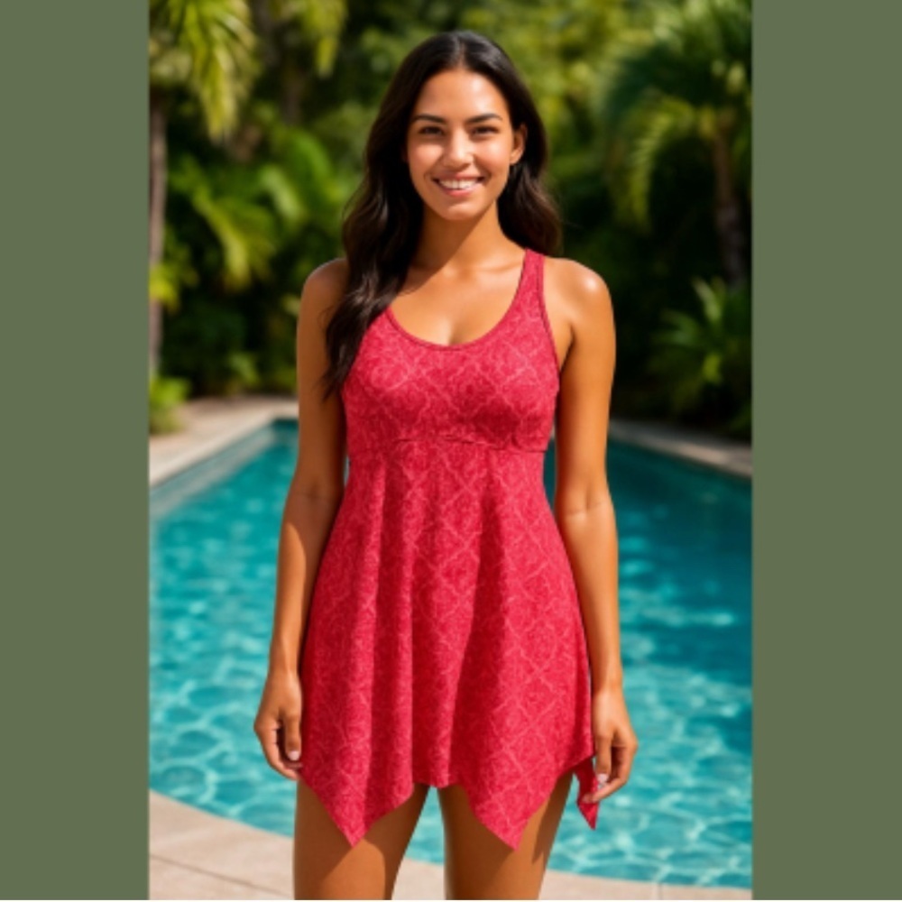 DENIM & Co Beach Handkerchief Hem Scoop Neck swim dress Rose Pink 10